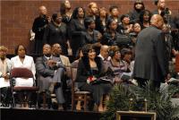 Tribute Choir sings as Albertina's pastor Bernard Jakes, Inez Andrews and Deloris Washington look on